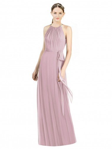 Affordable Shirred Halter Neck Long Chiffon Bridesmaid Dress