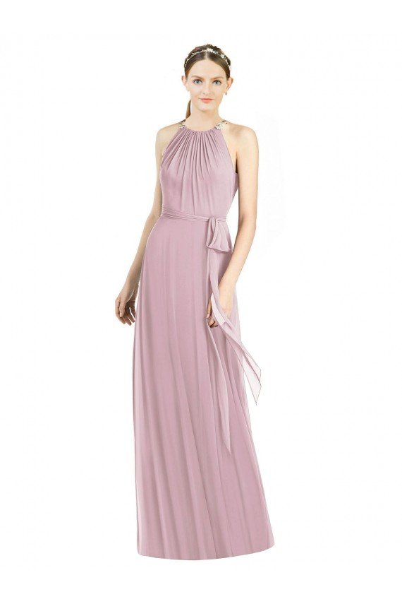Affordable Shirred Halter Neck Long Chiffon Bridesmaid Dress