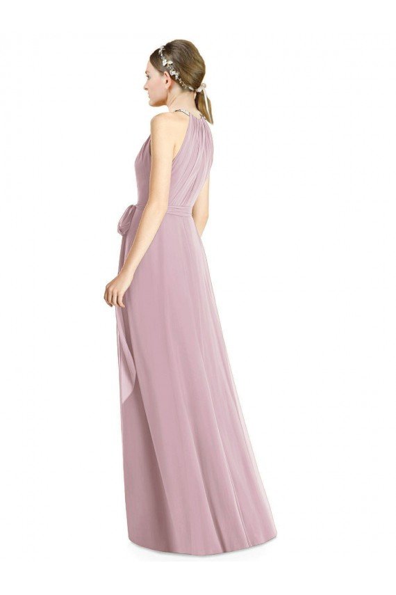 Affordable Shirred Halter Neck Long Chiffon Bridesmaid Dress