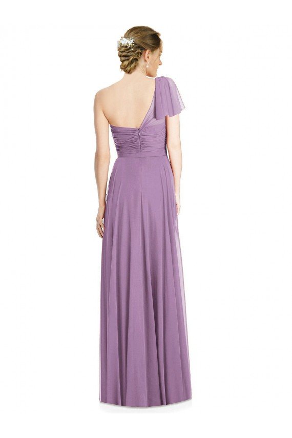 Affordable Flutter Sleeves One Shoulder Long Chiffon Bridesmaid Dress