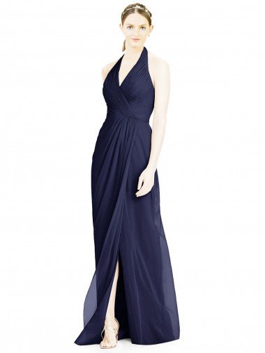 Affordable V-Neck Halter Chiffon Bridesmaid Dress with Side Front Slit