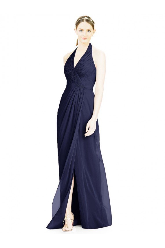 Affordable V-Neck Halter Chiffon Bridesmaid Dress with Side Front Slit