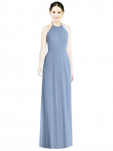 Affordable Halter Neck Tie Back Long Chiffon Bridesmaid Dress