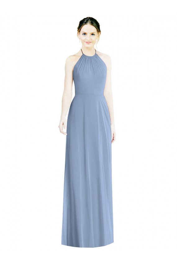 Affordable Halter Neck Tie Back Long Chiffon Bridesmaid Dress