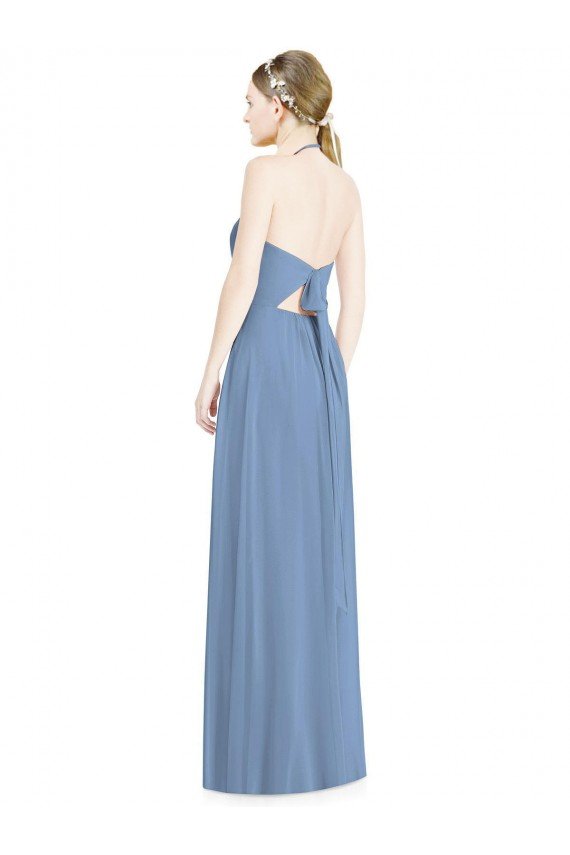 Affordable Halter Neck Tie Back Long Chiffon Bridesmaid Dress
