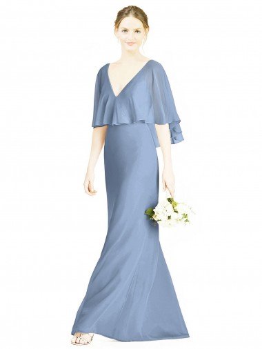 Affordable V-Back Trumpet Chiffon Bridesmaid Dress with Draped Cape Overlay