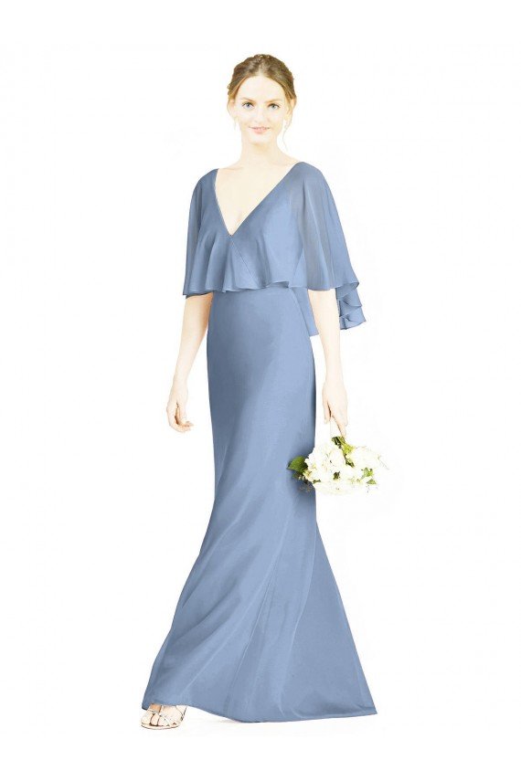 Affordable V-Back Trumpet Chiffon Bridesmaid Dress with Draped Cape Overlay