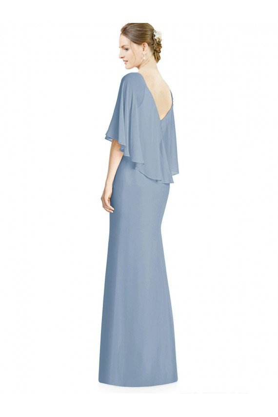 Affordable V-Back Trumpet Chiffon Bridesmaid Dress with Draped Cape Overlay