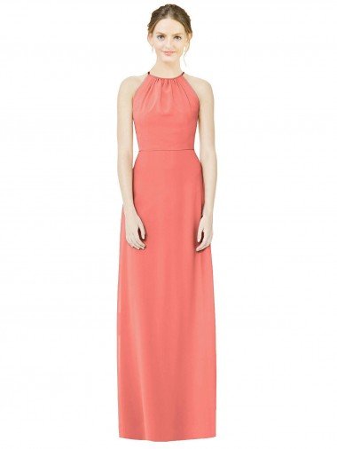 Affordable Open Back Shirred Halter Chiffon Bridesmaid Dress