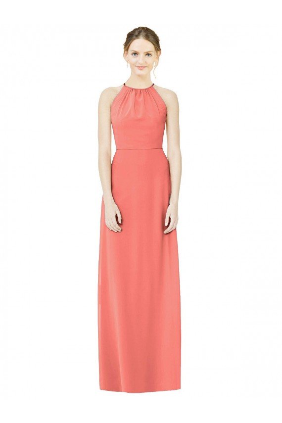 Affordable Open Back Shirred Halter Chiffon Bridesmaid Dress