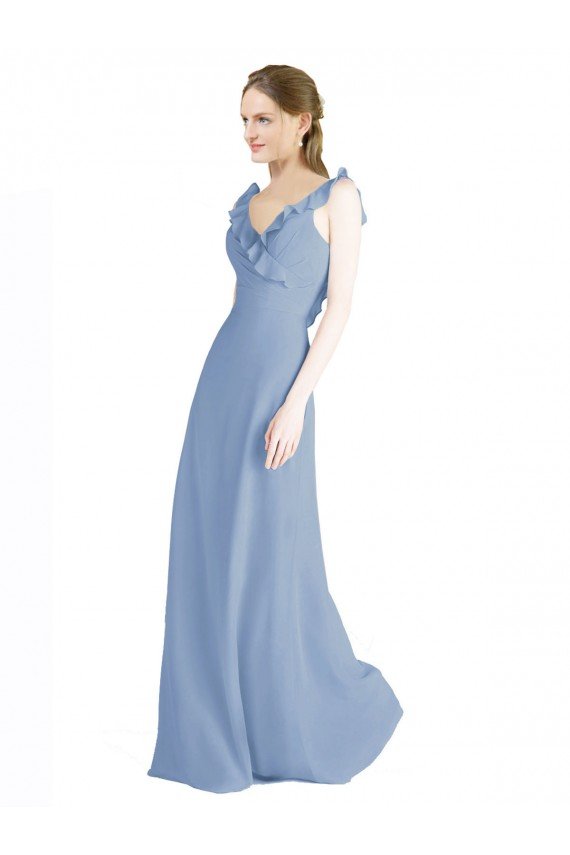 Affordable Fluted Chiffon Wrap Bridesmaid Dress with Ruffles V-Neck