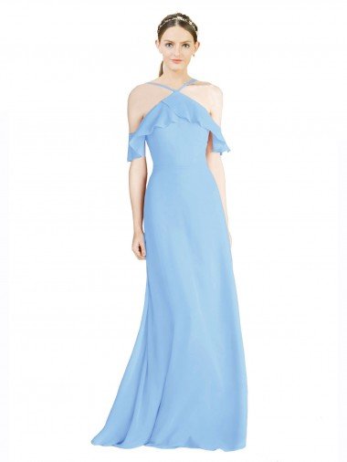 Affordable Halter Frill Cold Shoulder A-Line Chiffon Bridesmaid Dress
