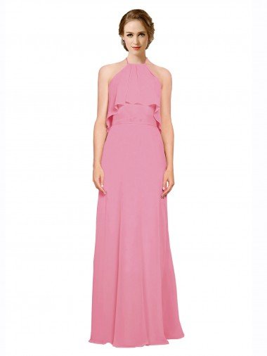 Affordable Ruffle Halter Neck A-Line Chiffon Bridesmaid Dress with Open Back