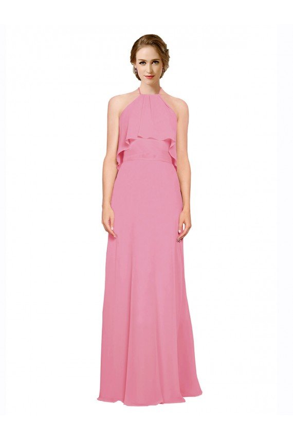 Affordable Ruffle Halter Neck A-Line Chiffon Bridesmaid Dress with Open Back