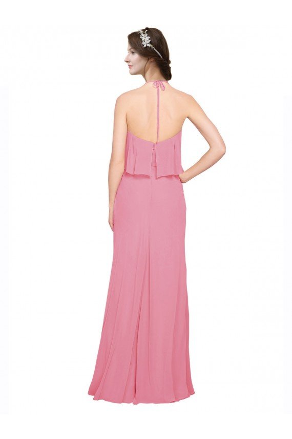 Affordable Ruffle Halter Neck A-Line Chiffon Bridesmaid Dress with Open Back