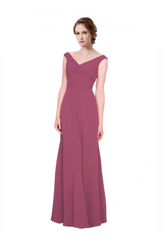 Affordable V-Neckline Long Chiffon Bridesmaid Dress with Wide V-Back