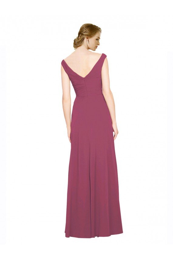 Affordable V-Neckline Long Chiffon Bridesmaid Dress with Wide V-Back