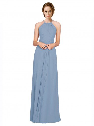 Affordable Pleated Halter Neckline A-Line Chiffon Bridesmaid with Criss Cross Back