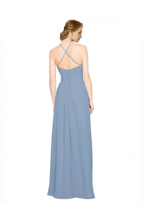 Affordable Pleated Halter Neckline A-Line Chiffon Bridesmaid with Criss Cross Back