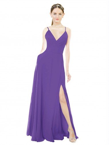 Affordable Long Chiffon A-Line Bridesmaid Dress with Deep V-Neckline and Side Slit