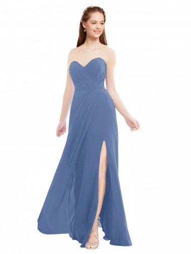 Affordable Classic Strapless Bridesmaids Dress with Draped Sweetheart Bodice and Side Slit