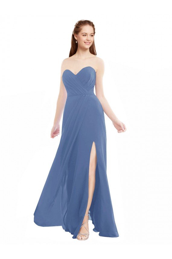 Affordable Classic Strapless Bridesmaids Dress with Draped Sweetheart Bodice and Side Slit