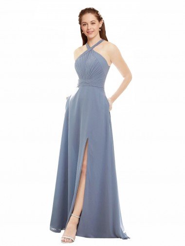 Affordable High Neck Chiffon Bridesmaid Dress with Draped Bodice & Pockets