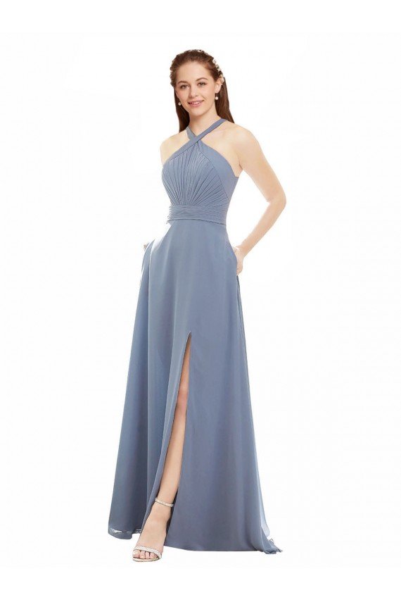 Affordable High Neck Chiffon Bridesmaid Dress with Draped Bodice & Pockets