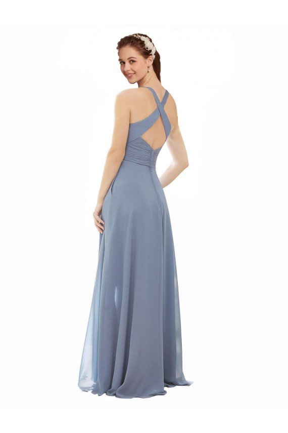 Affordable High Neck Chiffon Bridesmaid Dress with Draped Bodice & Pockets