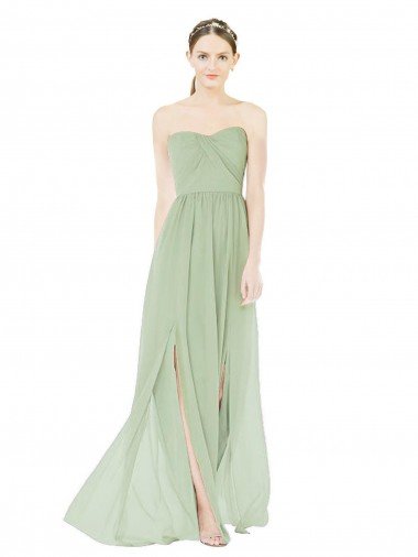 Affordable Strapless Draped Bodice Maxi Bridesmaid Dress with Front Slits