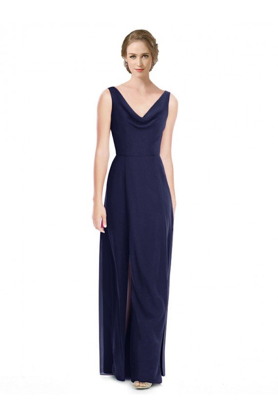 Affordable Cowl Neck Deep V-Back Chiffon Bridesmaid Dress with Side Front Slits