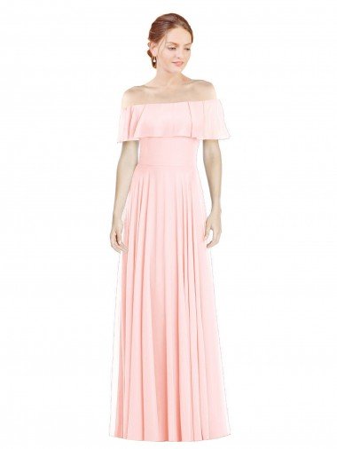 Affordable Off the Shoulder Long Bridesmaid Dress With Ruffle Overlay
