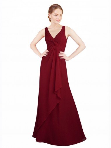 Affordable Twist-Knot V-Neckline Long Chiffon Bridesmaid Dress