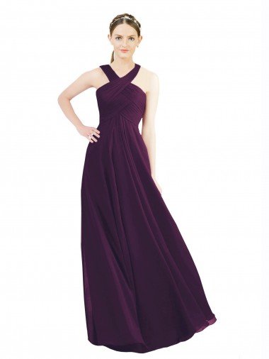 Affordable Draped Long Chiffon Bridesmaid Dress with Unique Crossed Neckline