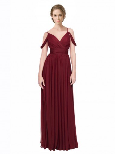 Affordable Off the Shoulder V-Neck Petite Chiffon Bridesmaid Dress with Open Back