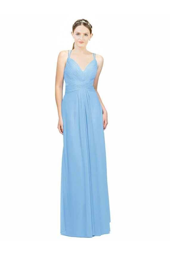 Affordable Double Straps Shoulder V-Neck Sheath Chiffon Bridesmaid Dress with Keyhole Back