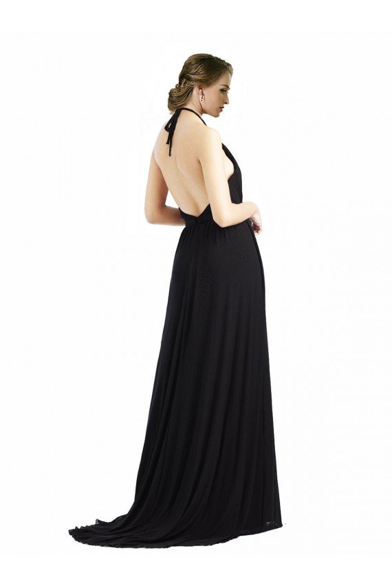 Affordable Backless Halter Chiffon Bridesmaid Dress with Front Slit and Tie Open Back