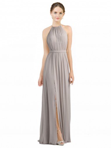 Affordable Backless Halter Chiffon Bridesmaid Dress with Front Slit and Tie Open Back