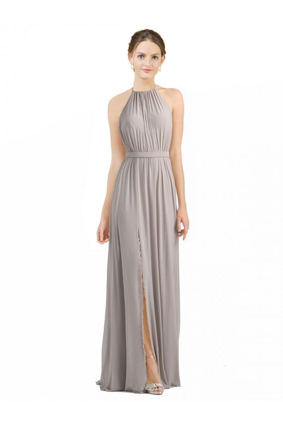 Affordable Backless Halter Chiffon Bridesmaid Dress with Front Slit and Tie Open Back