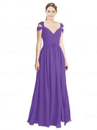 Affordable Off the Shoulder Cap Sleeves Chiffon Bridesmaid Dress with Pleats
