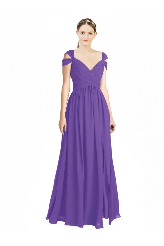 Affordable Off the Shoulder Cap Sleeves Chiffon Bridesmaid Dress with Pleats
