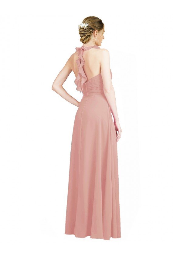 Affordable Ruched Sweetheart Halter Neckline Chiffon Bridesmaid Dress with Tie Open Back