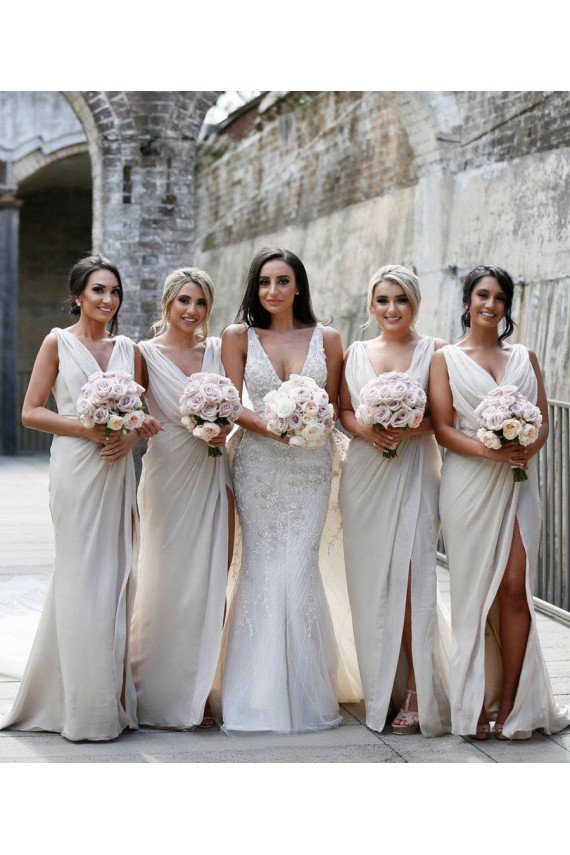 Affordable Chiffon Long Champagne Bridesmaid Dresses with Sexy High Slit and Front Ruffles