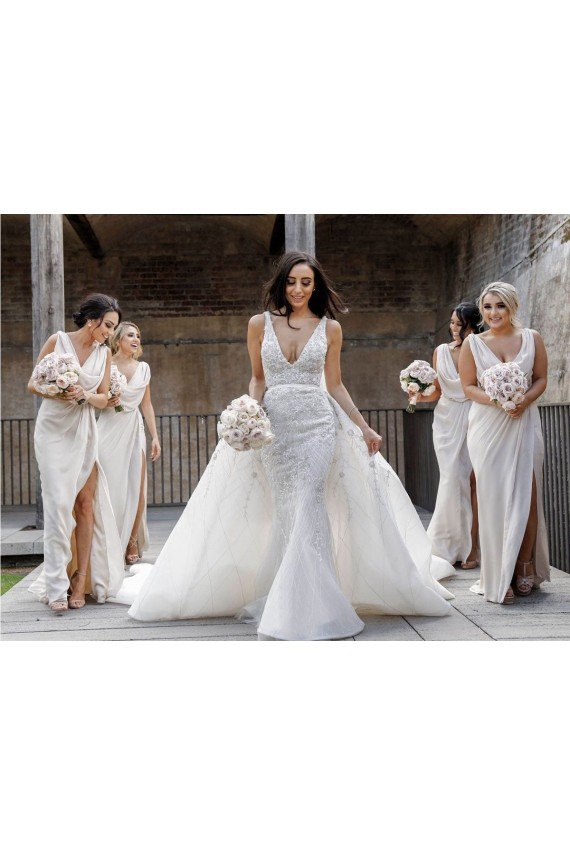 Affordable Chiffon Long Champagne Bridesmaid Dresses with Sexy High Slit and Front Ruffles
