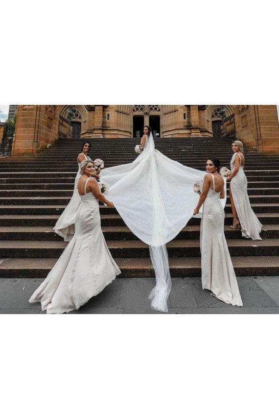Affordable Chiffon Long Champagne Bridesmaid Dresses with Sexy High Slit and Front Ruffles