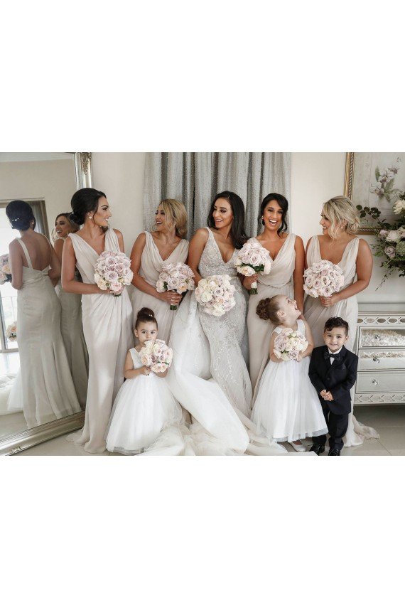 Affordable Chiffon Long Champagne Bridesmaid Dresses with Sexy High Slit and Front Ruffles