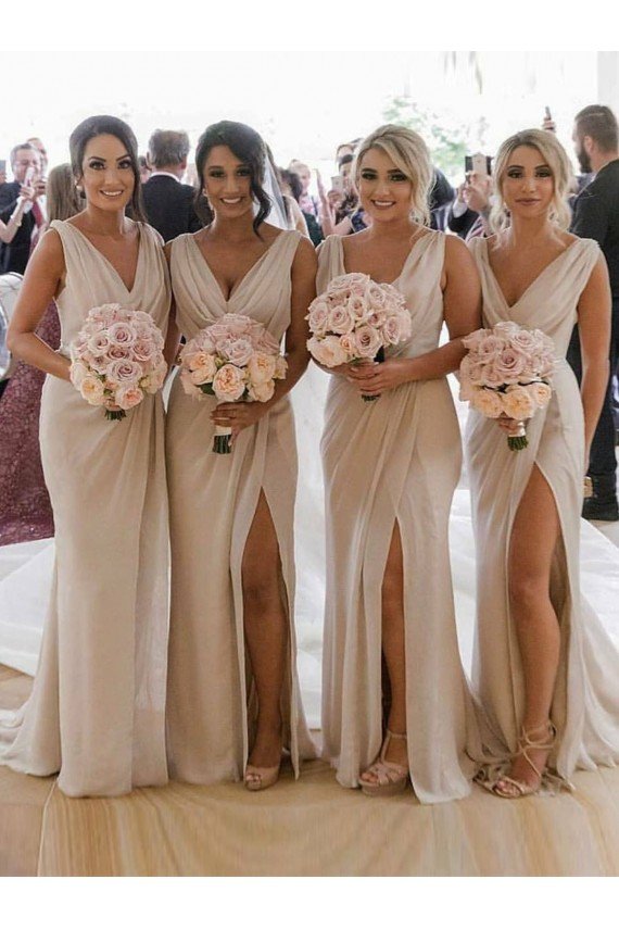 Affordable Chiffon Long Champagne Bridesmaid Dresses with Sexy High Slit and Front Ruffles