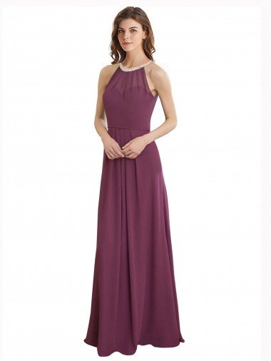 Affordable High Neckline Long Chiffon Bridesmaid Dress with Beaded Trim