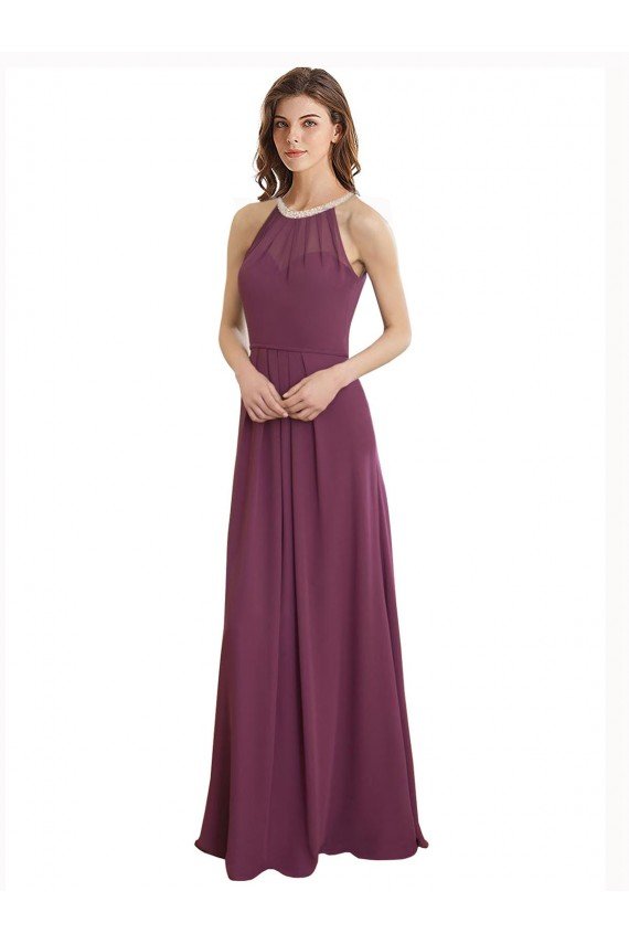 Affordable High Neckline Long Chiffon Bridesmaid Dress with Beaded Trim