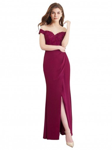 Affordable Off the Shoulder Chiffon Bridesmaid Dress with Lace Appliques and Front Slit